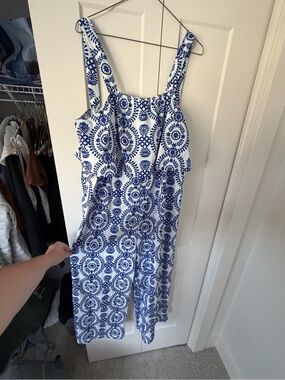 Blue and White Printed Sleeveless Jumpsuit
